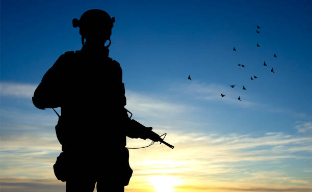 istock Silhouette of soldier on background of sky 1461515362