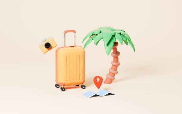 istock Palm tree and luggage in the yellow background, 3d rendering. 1461516521