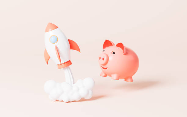 istock Ascending rocket and piggy bank in the pink background, 3d rendering. 1461516713