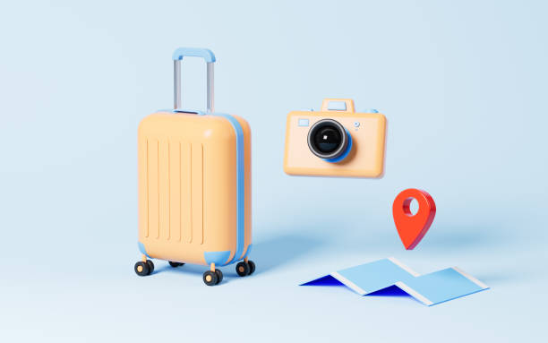 istock Luggage and camera in the blue background, 3d rendering. 1461516725