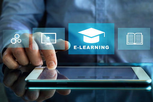 e-learning, online education concept with webinar or video tutorial