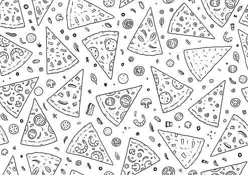 Simple sketch doodle drawing of different flavors of pizza slices. Seamless so will tile endlessly