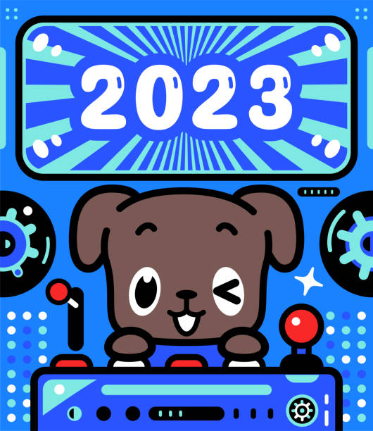 ein süßer hund steuert ein raumschiff mit unbegrenzter macht und feiert die ankunft von 2023 - driving speed humor video game stock-grafiken, -clipart, -cartoons und -symbole