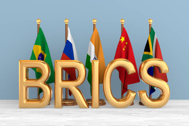 setzen sie flaggen brics im raum. 3d-illustration - schwellenländer stock-fotos und bilder