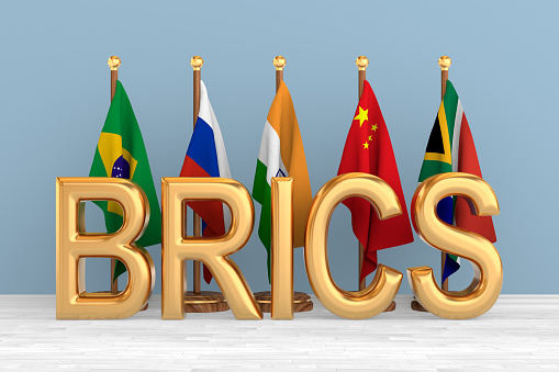 Set flags BRICS in room. 3D illustration