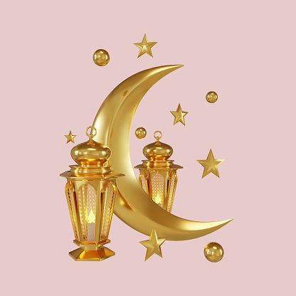 3d rendering illustration of half moon, star and old arabic lantern in golden color for decoration greeting month of ramadan and eid mubarak
