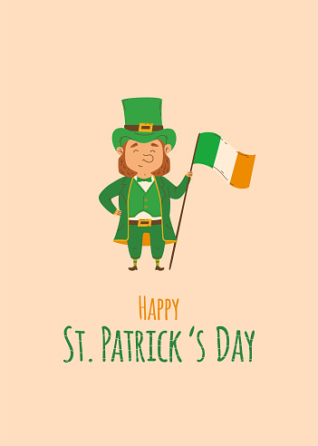 Happy St Patricks Day greeting card with cute leprechaun with irish flag. Flat design vector illustration. Card collection for holiday