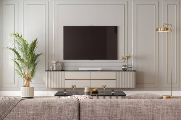 istock Modern Living Room Interior With Television Set, Sofa, Coffee Table And Potted Plant 1461530142