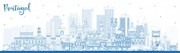 Vector illustration of Portugal. Outline City Skyline with Blue Buildings. Vector Illustration. Concept with Modern and Historic Architecture. Portugal Cityscape with Landmarks.