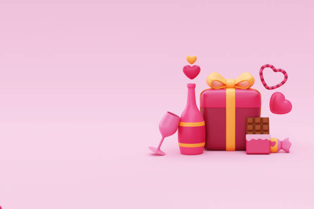 istock Happy Valentine's Day. Gift box, presents, chocolate, champagne bottle and element decor for valentine. 3d rendering. 1461535687