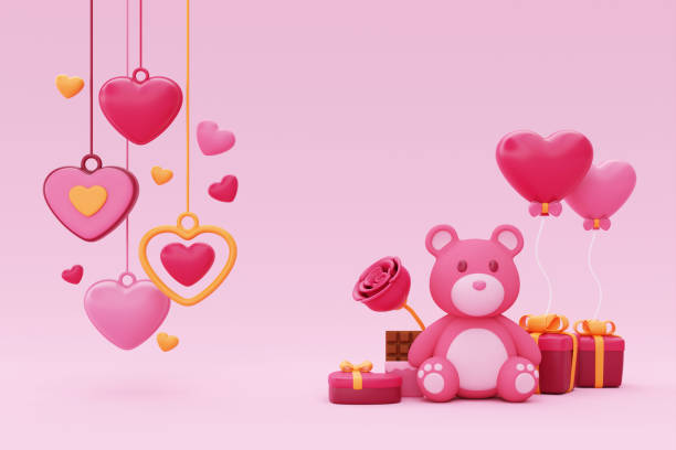 istock Happy Valentine's Day. Promotion display background for valentine with teddy bear, envelope, chocolate, gift box and heart shape balloons. 3d rendering. 1461535776