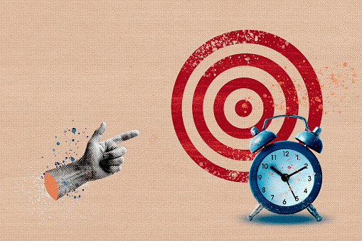 Composite collage hand finger pointer points to target and alarm clock as a concept of goal achievement and lack of time. High quality photo