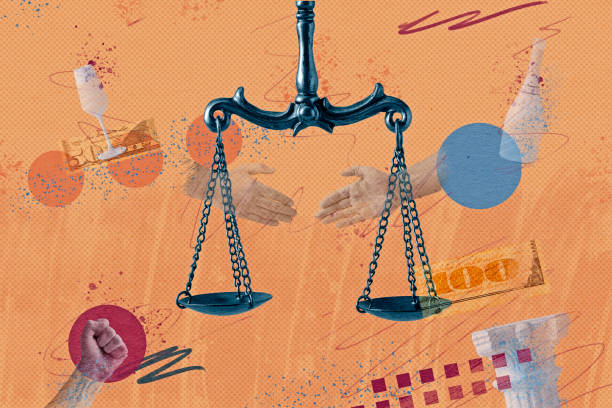Creative collage with the scales of justice stock photo