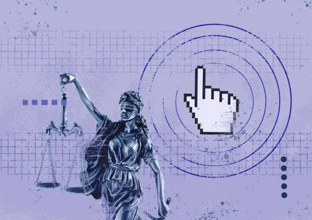 A creative collage statue of Themis with scales of justice and a pixel mouse cursor. The concept of online entitlement. High quality photo