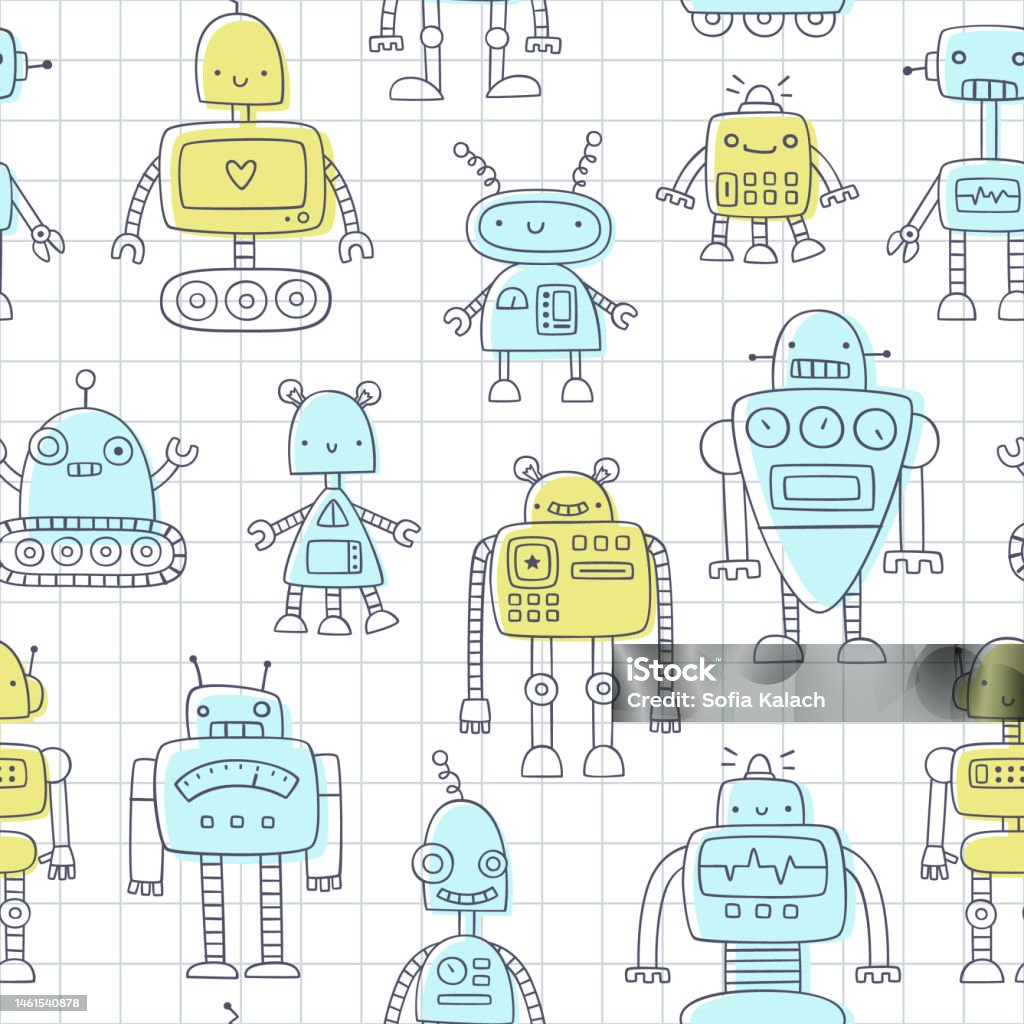 Pola robot doodle lucu yang digambar di atas kertas kotak-kotak. Cetak vektor mulus untuk tekstil dan kain bayi laki-laki. - Bebas Royalti Android - Robot vektor stok Pola robot doodle lucu yang digambar di atas kertas kotak-kotak. Cetak vektor mulus untuk tekstil dan kain bayi laki-laki. - Bebas Royalti Android - Robot vektor stok