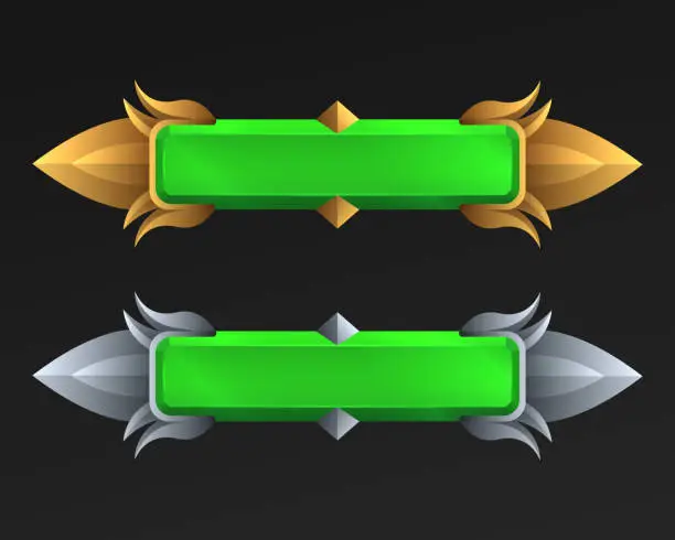 Vector illustration of Fantasy gold and silver border green gem buttons for game ui design