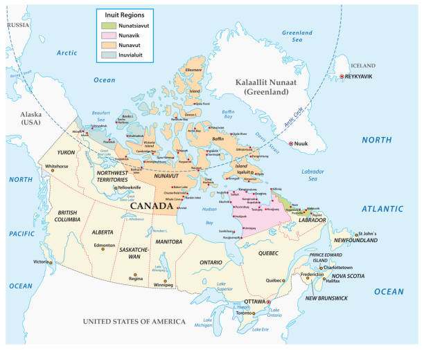 ilustraciones, imágenes clip art, dibujos animados e iconos de stock de mapa vectorial de las comunidades inuit en el norte de canadá - manitoba map canada outline
