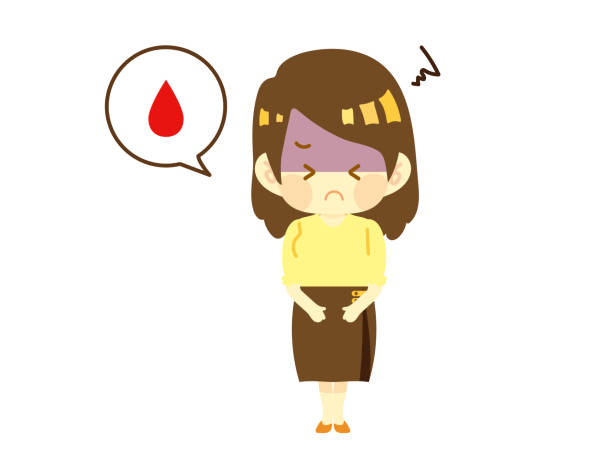 ilustraciones, imágenes clip art, dibujos animados e iconos de stock de una mujer con cólicos menstruales y dolor de estómago. hematuria, sangrado irregular - white background food poisoning people menstruation