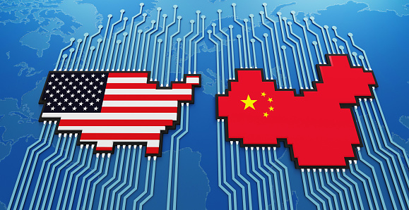 USA China Microchip war.3d render