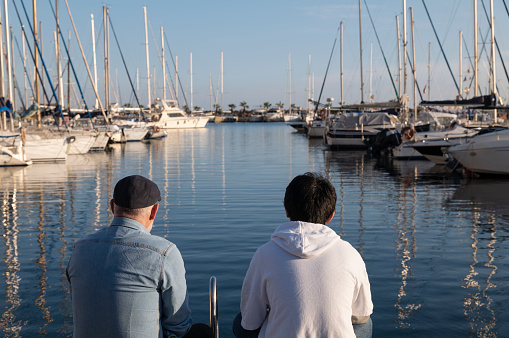Adopted father and son looking at view on port