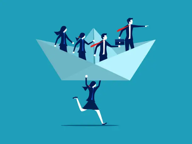Vector illustration of Support for success. Businessman manager lifting paper boat with team colleagues