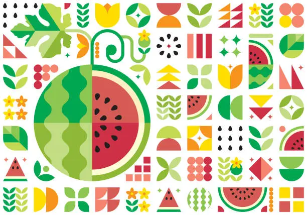 Vector illustration of Red watermelon pattern artwork with geometric shape elements. Colorful summer poster design. Scandinavian style abstract vector. Illustration of watermelon slices, seeds, rind, leaves, and flowers.