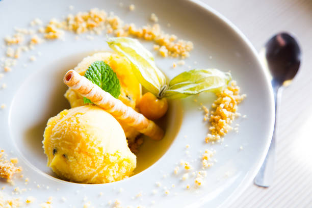 Three sorbets on crystal bowls  with different flavors
