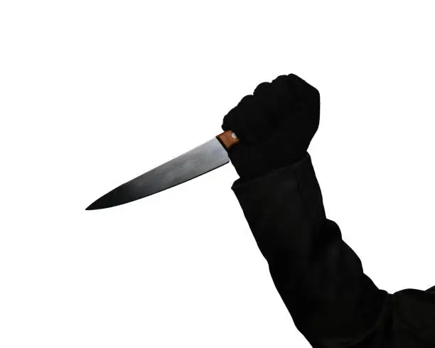 A picture of suspicious hand holding a knife on white background
