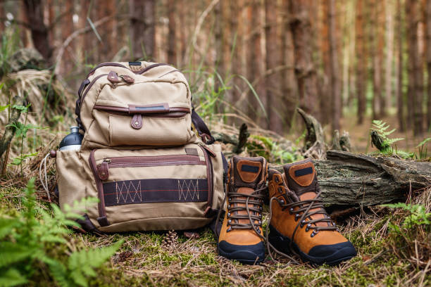 istock Hiking boot and backpack in woodland 1461549840