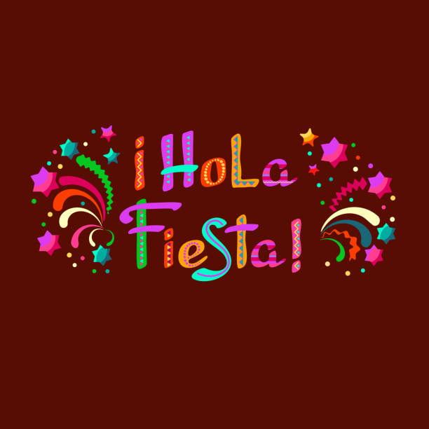 printhola fiesta, украшенный логотипом, мультяшными буквами и символами. векторная иллюстрация. - traditional culture flash stock illustrations