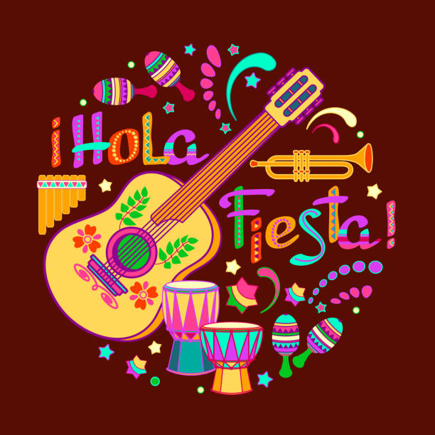 ilustrações de stock, clip art, desenhos animados e ícones de hola fiesta, decorated logo, cartoon letters, and symbols. vector illustration. - brass instrument flash