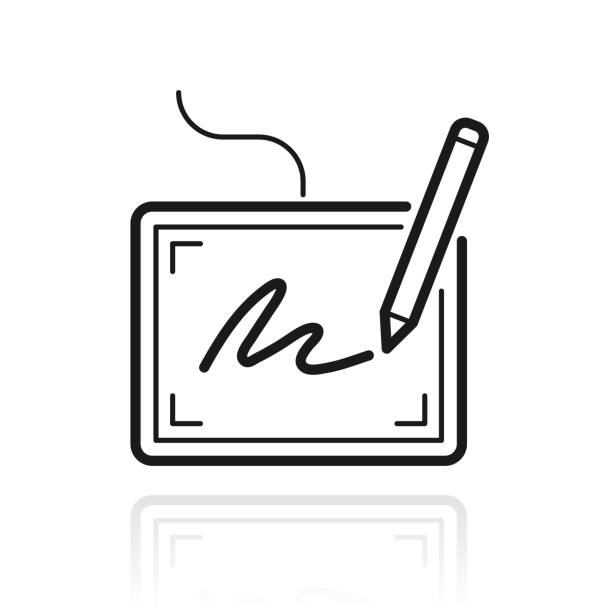 электронная подпись. иконка с отражением на белом фоне - signature electrical equipment signing pen stock illustrations