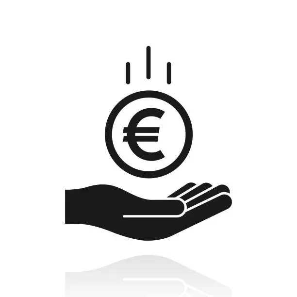 Vector illustration of Euro coin falling in hand. Icon with reflection on white background