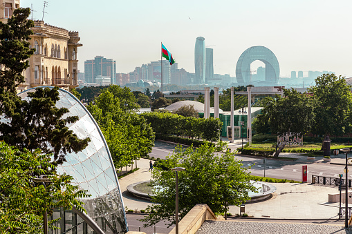Baku, Azerbaijan - June 07, 2022: Panoramic view of Baku - the capital of Azerbaijan located by the Caspian See shore.