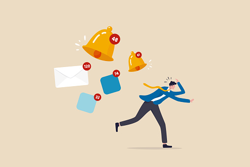 Annoy notifications disturbing pop up or online message sound, marketing or advertising push notifications concept, businessman running away from apps, email and ringing bell notifications.