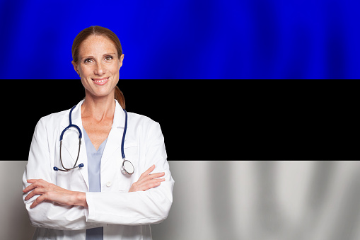 Estonian general practitioner doctor gp on the flag of Estonia