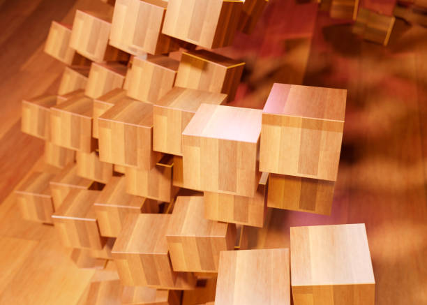 istock Futuristic vortex like array of wooden floor neon light emitting blocks, pointing towards copy space. wooden floor background. 1461560081