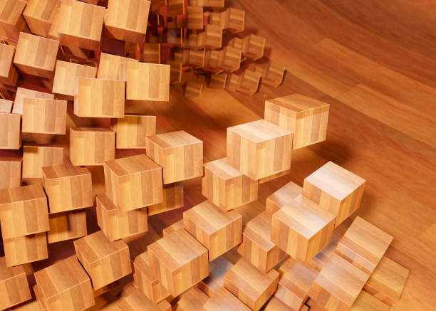 istock Futuristic vortex like array of wooden floor neon light emitting blocks, pointing towards copy space. wooden floor background. 1461560088