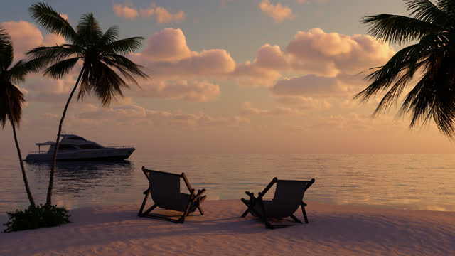 Rest near the sea on an island with palm trees. Tourism and vacations in the tropics by the ocean on a chaise longue.