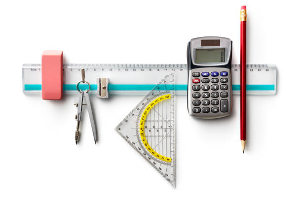 office supplies: school supplies isolated on white background - geometry mathematics drawing compass mathematical symbol imagens e fotografias de stock