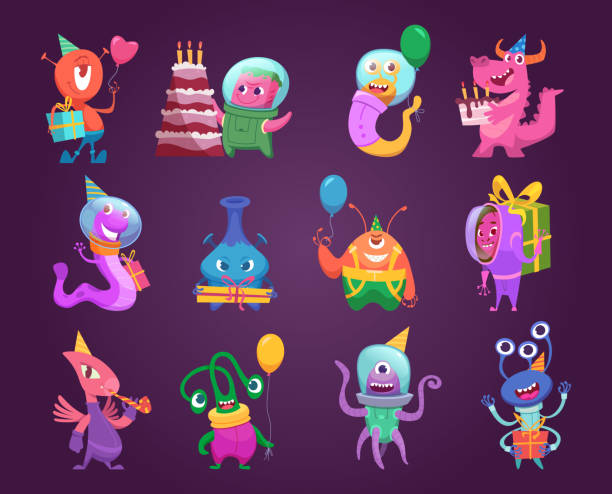 ilustraciones, imágenes clip art, dibujos animados e iconos de stock de alienígenas divertidos. personajes de dibujos animados espaciales con globos vectores exactos mascota de la fiesta alienígenas - robot manga style cute characters