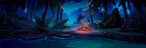 Vector illustration of Campsite with bonfire in jungle at night