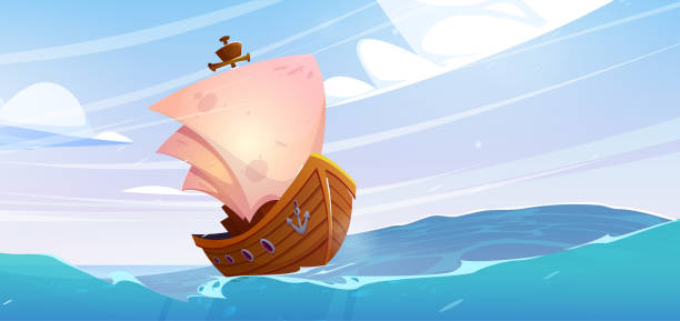 illustrations, cliparts, dessins animés et icônes de navire en bois avec des voiles blanches dans la mer avec des vagues - storm pirate sea nautical vessel