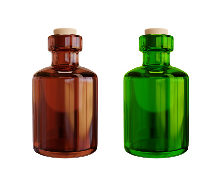 Vintage poison - chemical bottle is an old wooden table with green fog. 