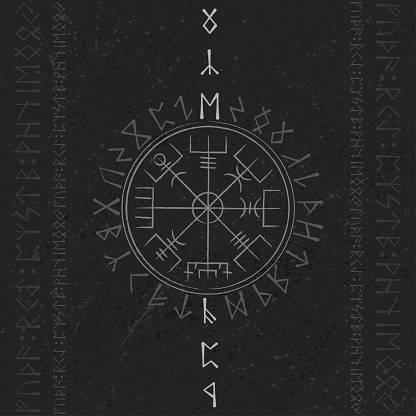 Grunge dark background with white ancient runic magic symbol. Viking Vegvisir sign background for different patterns and designs. Scandinavian wallpaper grunge