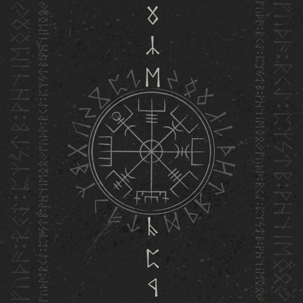 Abstract runic vegvisir true symbol Grunge dark background with white ancient runic magic symbol. Viking Vegvisir sign background for different patterns and designs. Scandinavian wallpaper grunge runes stock illustrations