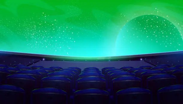 Vector illustration of Movie theater, cinema hall with wide screen, seats