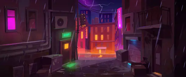 Vector illustration of Back street alley with old houses in rain at night