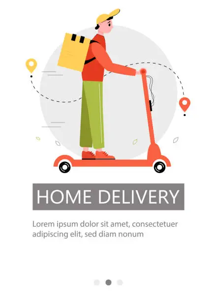 Vector illustration of Male courier on a scooter. Flyer design for home delivery. Vector illustration.