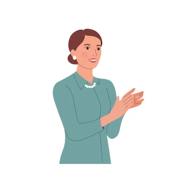 Vector illustration of Young woman clapping hands thanking or showing appreciation at event